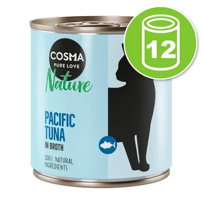 Cosma Nature Pacific Tuna in Broth, 100% natural ingredients, lot de 12 boîtes. Silhouette de chat visible sur l’emballage. Cosma Nature Pacific Tuna in Broth, 100% natural ingredients, lot de 12 boîtes. Silhouette de chat visible sur l’emballage.