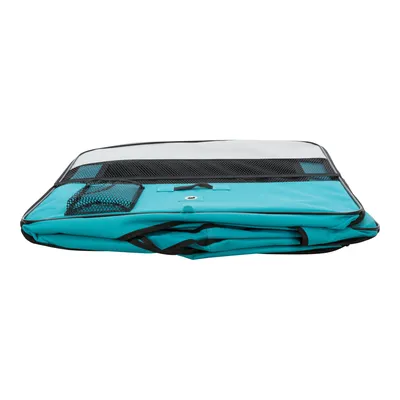 Sac ou housse pliée turquoise avec poche en filet noir et bouton pression visible, vue de face sur fond blanc. Aucun logo ni texte apparent.