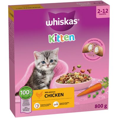 Our Purrfect Promise: with high-quality protein, crunchy on the outside with milk in the soft and delicious centre, with tasty carrots and peas.