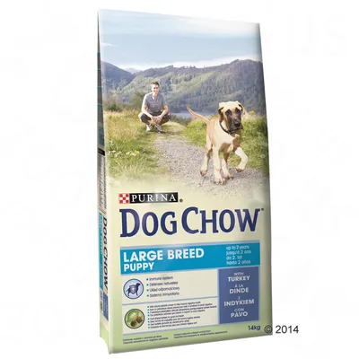 Purina Dog Chow Large Breed Puppy z indykiem, 14 kg. Widoczny tekst: układ odpornościowy, do 2 lat, dla dużych ras szczeniąt. Opakowanie przedstawia psa i mężczyznę na ścieżce.