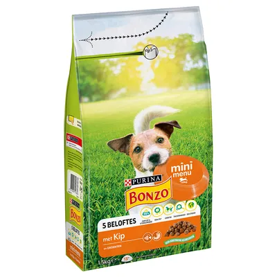 Purina Bonzo Mini Menu con pollo e verdure, 1,5kg. La confezione mostra 5 promesse: qualità, salute, sostenibilità ambientale, trasparenza, gusto. Adatto a cani di piccola taglia.