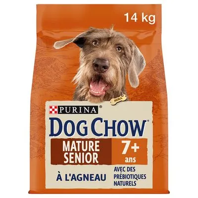 PURINA DOG CHOW Mature Senior 7+ ans à l'agneau, 14 kg, met afbeelding van hond en tekst: avec des prébiotiques naturels.