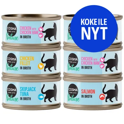 Cosma Nature -kissanruokapurkkeja: Chicken with Chicken Ham, Chicken Fillet, Skipjack Tuna, Salmon in Broth. Sininen ympyrä tekstillä KOKEILE NYT.