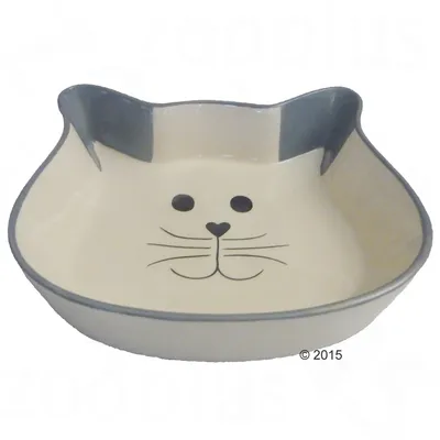 Skål i form af et kattehoved med grå kant og sort katteansigt trykt i bunden. Materiale: keramik.