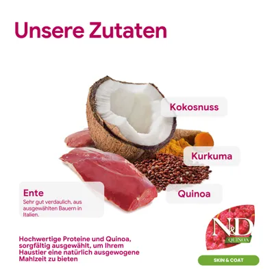 Unsere Zutaten: Ente, sehr gut verdaulich, aus ausgewählten Bauern in Italien. Kokosnuss, Kurkuma, Quinoa. Hochwertige Proteine und Quinoa für eine ausgewogene Mahlzeit.