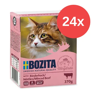 Paquete de comida para gatos Bozita con carne picada de vacuno, 370 g, sin cereales, B-glucano, trozos en gelatina. Lote de 24 unidades visible en círculo rojo.