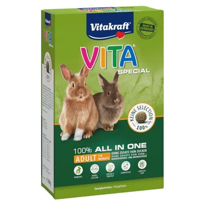 Vitakraft VITA Special 100% All in One Adult >6 mesi, senza zucchero aggiunto, per conigli nani. Prebiotico, poco calcio, erba e timotea, cura denti, controllo odori. Made in Germany.
