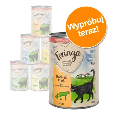 Feringa Duck & Veal with broccoli & dandelion, ADULT, 400 g. Widoczne różne warianty smakowe puszek Feringa dla kotów. Pomarańczowe kółko z napisem: Wypróbuj teraz!