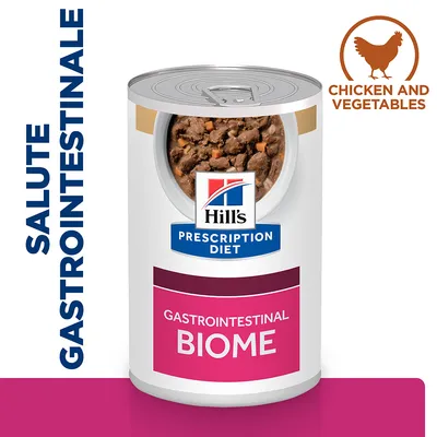 Hill's Prescription Diet Gastrointestinal Biome, scritta SALUTE GASTROINTESTINALE, etichetta Chicken and Vegetables in inglese, barattolo con cibo visibile all'interno.