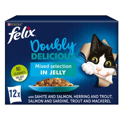Purina felix Doubly Delicious Mixed selection in jelly, 12× kapsiček. Nápis: No colourants. S lososem, pstruhem, sardinkou, makrelou a sleděm. Obraz misky s krmivem a kreslené kočky.