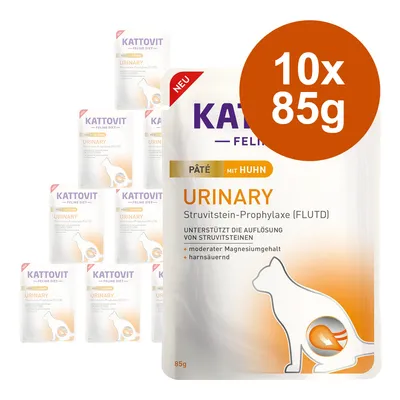 Kattovit Feline Diet Urinary, pâté mit Huhn, 10 x 85 g. Texte visibles : Struvitstein-Prophylaxe (FLUTD), unterstützt die Auflösung von Struvitsteinen, moderater Magnesiumgehalt, harnsäuernd.
