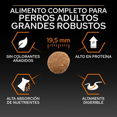 Alimento completo para perros adultos grandes robustos, croqueta de 19,5 mm. Sin colorantes añadidos, alto en proteína, alta absorción de nutrientes, altamente digerible.