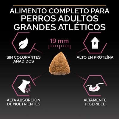 Alimento completo para perros adultos grandes atléticos. Sin colorantes añadidos, alto en proteína, alta absorción de nutrientes, altamente digerible. Croqueta de 19 mm.