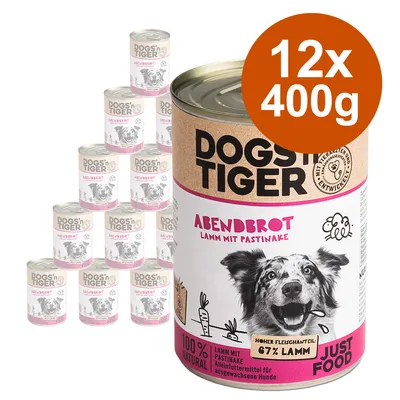 DOGS'n TIGER Abendbrot Lamm mit Pastinake, hoher Fleischanteil 67% Lamm, 12x400g, Alleinfuttermittel für ausgewachsene Hunde, 100% natural.
