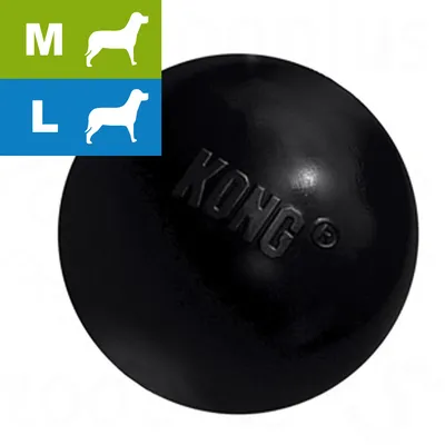Black KONG ball with size indicators showing M and L, each with a silhouette of a dog
