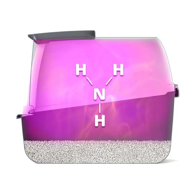 Stängd kattlåda med vitt lock, grå bas och transparent svängdörr. Integrerat handtag upptill och rund öppning för filterinsats synlig.