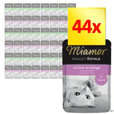 Miamor Ragout Royale, 44 saszetki. Na opakowaniu widoczny kot i tekst: mit Ente & Geflügel, In Sauce, ohne Zusatz von Rind.