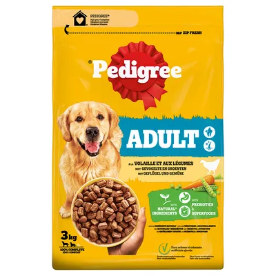Pedigree ADULT koiranruoka, 3 kg. Pakkauksessa kuva koirasta ja nappuloista, tekstit: 'with natural ingredients', 'with prebiotics & superfoods', 'sans arômes ni colorants artificiels ajoutés'.