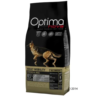 Optimanova Adult Mobility Chicken & Rice, 65% vlees: 35% verse kip, 25% gedroogde kip, 5% gehydrolyseerde kip. Voor alle rassen, ondersteuning van gewrichten en botten.