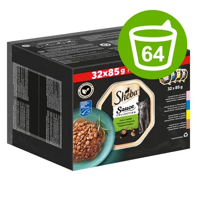 Boîte Sheba Sauce Collection, 32 x 85 g, avec visuel d’un plat de nourriture pour chat, logo MSC, pictogramme vert indiquant 64 portions, liste des variétés visibles sur l’emballage.