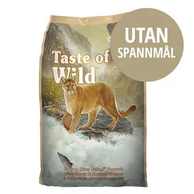 Taste of the Wild Canyon River Feline Formula med forel och rökt lax. Stor cirkel med texten 'UTAN SPANNMÅL' synlig på förpackningen.
