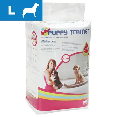 PUPPY TRAINER superimukykyiset harjoitusalustat, koko Large 60 x 45 cm. Pakkauksessa kuva koiranpennusta alustalla ja henkilöstä pennun kanssa. Brändi: SAVIC. PUPPY TRAINER superimukykyiset harjoitusalustat, koko Large 60 x 45 cm. Pakkauksessa kuva koiranpennusta alustalla ja henkilöstä pennun kanssa. Brändi: SAVIC.