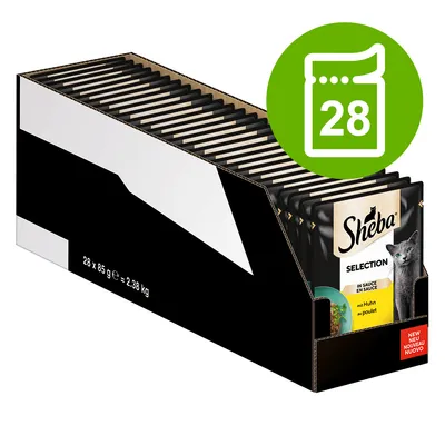 Sheba Selection in Sauce, 28 x 85 g Packung, mit Huhn. Gesamtgewicht 2,38 kg. Grünes Symbol mit Zahl 28 für Portionsanzahl.