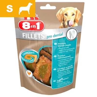 8in1 FILLETS pro dental Chicken Snack Nutri-Center, premium chicken snacks med pebermynte og persille. Pakke med billede af hund og tand-ikon. Størrelse S vises øverst.