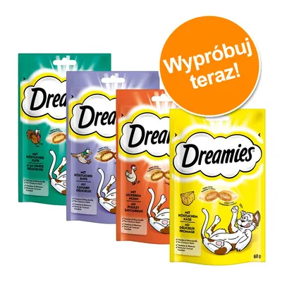Cztery opakowania przysmaków Dreamies dla kotów o różnych smakach, widoczny napis na pomarańczowym kole: Wypróbuj teraz! Cztery opakowania przysmaków Dreamies dla kotów o różnych smakach, widoczny napis na pomarańczowym kole: Wypróbuj teraz!
