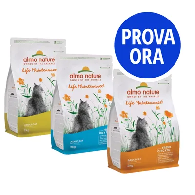 Tre confezioni di crocchette per gatti adulti Almo Nature Life Maintenance 2 kg, varianti Fresh Chicken e Fresh Oily Fish. Cerchio blu con testo: PROVA ORA.