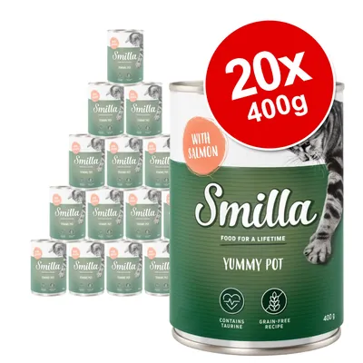 Smilla Yummy Pot with Salmon, 20 x 400g tins. Visible text: Food for a lifetime, contains taurine, grain-free recipe.