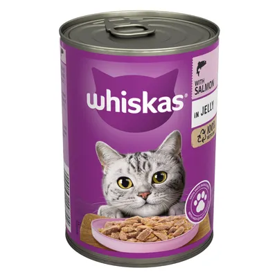 Whiskas with salmon in jelly, 100% recyclable packaging, bowl of food shown on can label