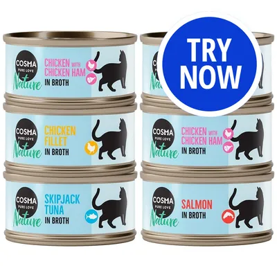 Cosma Nature cans in four varieties: chicken with chicken ham, chicken fillet, skipjack tuna, and salmon in broth. Large blue circle with white text reads 'Try Now'.