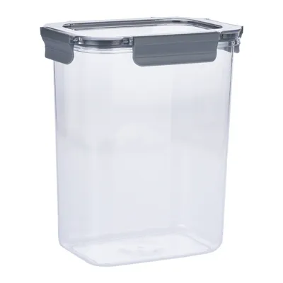 Transparenter Vorratsbehälter aus Kunststoff mit grauem Deckel und Verschlussclips.
