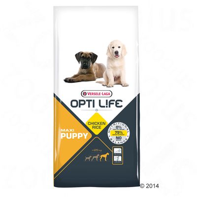 Versele-Laga Opti Life Maxi Puppy Chicken Rice, för valpar över 25 kg. Text: 0 % vete, 75 % animaliskt protein, No Gluten, Nutritional Balance. Bild på två valpar.