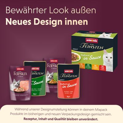animonda vom Feinsten Adult Raffinesse in Sauce. Bewährter Look außen, neues Design innen. Rezeptur, Inhalt und Qualität bleiben unverändert.