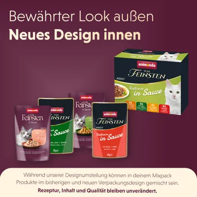 animonda vom Feinsten Adult Raffinesse in Sauce. Bewährter Look außen, neues Design innen. Rezeptur, Inhalt und Qualität bleiben unverändert.