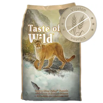 Taste of the Wild -ruokapakkaus, näkyvissä teksti 'Viljaton'. Kuvassa puuma ja lohi joessa. Tuotenimi: Canyon River Feline Formula with Trout & Smoked Salmon.