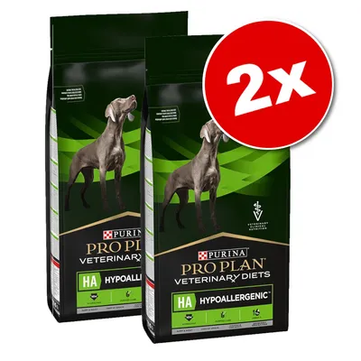 Lot de 2 sacs Purina Pro Plan Veterinary Diets HA Hypoallergenic pour chien, texte visible : Puppy & Adult, Veterinary Nutrition, image d’un chien sur l’emballage.