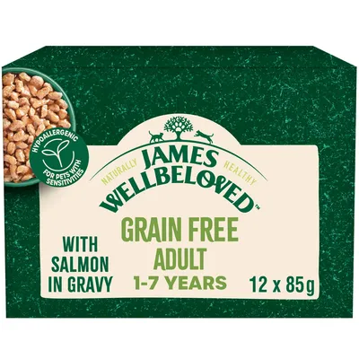 Grain free adult food with salmon in gravy, suitable for ages 1-7 years, 12 x 85g packs. Hypoallergenic for pets with sensitivities.