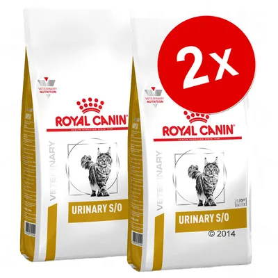 Два пакета Royal Canin Veterinary Nutrition URINARY S/O за котки, жълт етикет, изображение на котка, червен кръг с надпис 2x