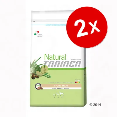 Lot de 2 sacs Natural Trainer Light Maxi, visible : Made in Italy, pour chiens maxi breeds >30 kg, images de pommes et herbes sur l’emballage.