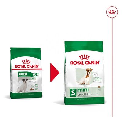 Две опаковки Royal Canin Mini Adult 8+ за кучета, показващи промяна в дизайна на опаковката. Вляво стара версия, вдясно нова с надпис mini adult 8+ и изображение на малко куче.