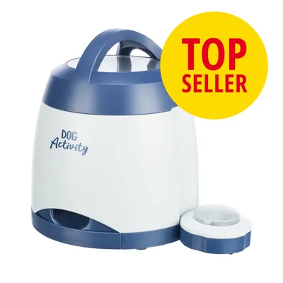 Dog Activity Spielzeugspender in Blau-Weiß mit Griff, gelbes 'Top Seller'-Badge.