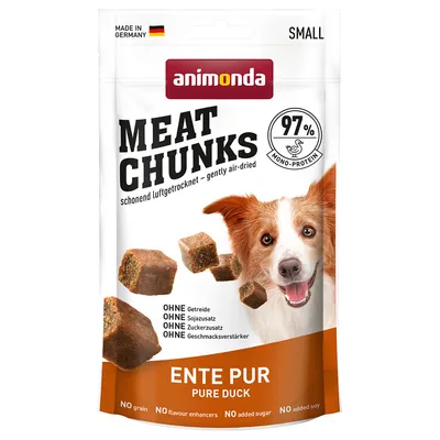 animonda MEAT CHUNKS 97 % mono-proteín, ENTE PUR PURE DUCK, bez obilnín, sóje, pridaného cukru a zvýrazňovačov chuti. Vyrobené v Nemecku. Malé balenie. Na obale pes a kocky mäsa.