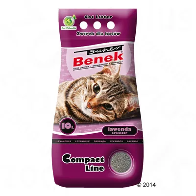 Litière pour chat Super Benek Compact Line, lavande, 10 L. Texte visible en polonais et anglais. Image d’un chat sur l’emballage, aperçu du produit granulaire. Litière pour chat Super Benek Compact Line, lavande, 10 L. Texte visible en polonais et anglais. Image d’un chat sur l’emballage, aperçu du produit granulaire.