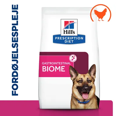 Hill's Prescription Diet Gastrointestinal Biome hundefoder, billede af schæferhund, tekst: FORDØJELSESPLEJE, orange kyllingesymbol øverst til højre