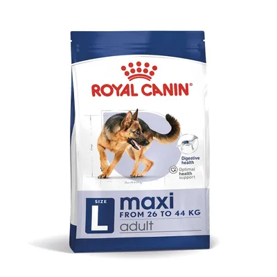 Royal Canin Maxi Adult, size L, for dogs from 26 to 44 kg. Supports digestive health and optimal health.