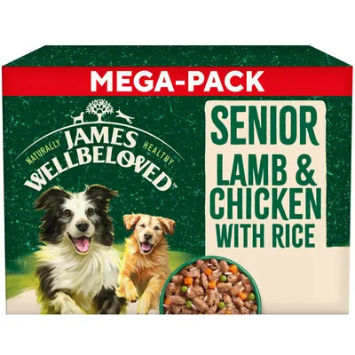 James Wellbeloved mega-pack, senior lamb and chicken with rice, showing food pieces with vegetables in a bowl.