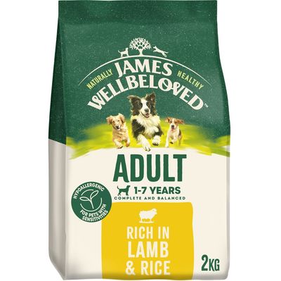Adult pet food for ages 1-7 years, hypoallergenic, rich in lamb and rice, complete and balanced, 2kg pack, suitable for pets with sensitivities.